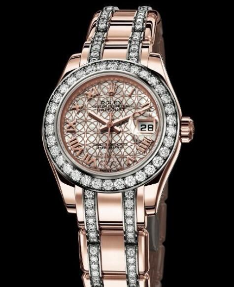 Replica Rolex Watch Rolex Lady-Datejust Pearlmaster Oyster Perpetual 80285 Everose Gold - Diamonds - Black Mother-of-Pearl